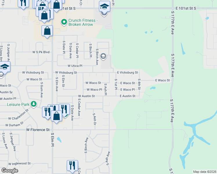 map of restaurants, bars, coffee shops, grocery stores, and more near 4348 South 1st Place in Broken Arrow