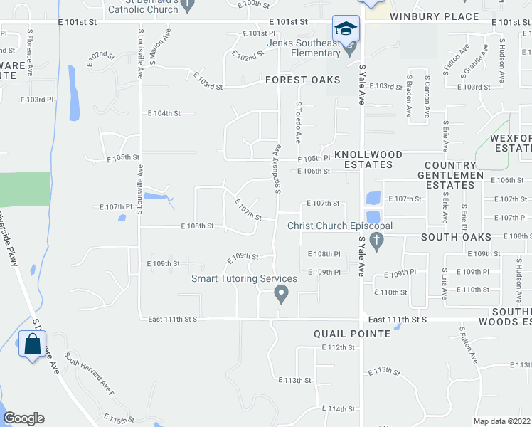 map of restaurants, bars, coffee shops, grocery stores, and more near 4327 East 107th Street in Tulsa