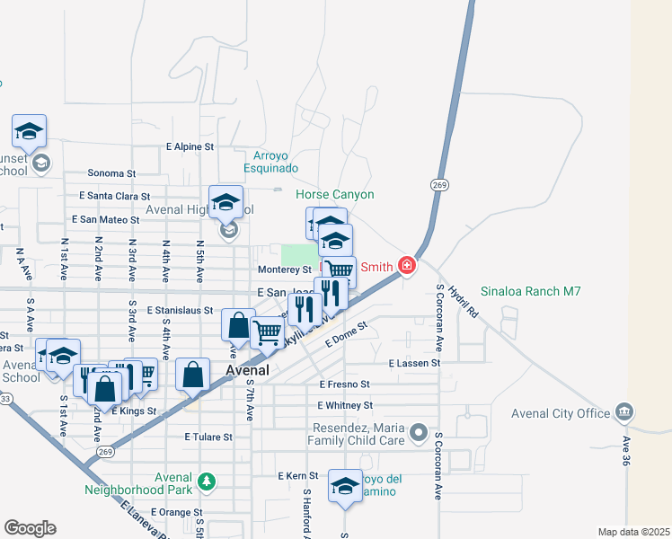 map of restaurants, bars, coffee shops, grocery stores, and more near 861 Monterey Street in Avenal