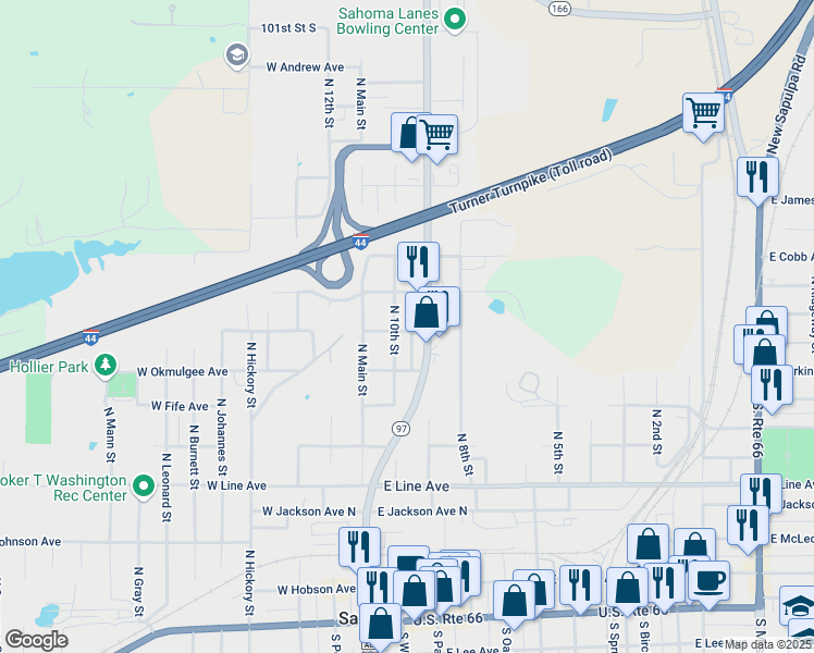 map of restaurants, bars, coffee shops, grocery stores, and more near 725 North 10th Street in Sapulpa