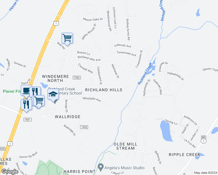 map of restaurants, bars, coffee shops, grocery stores, and more near 1221 Opeushaw Court in Wake Forest