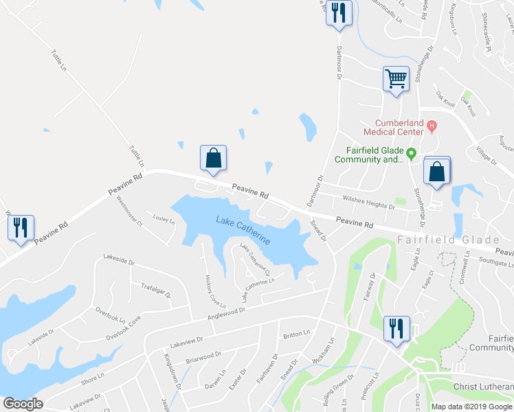 map of restaurants, bars, coffee shops, grocery stores, and more near 48 Lakeshore Lane in Crossville