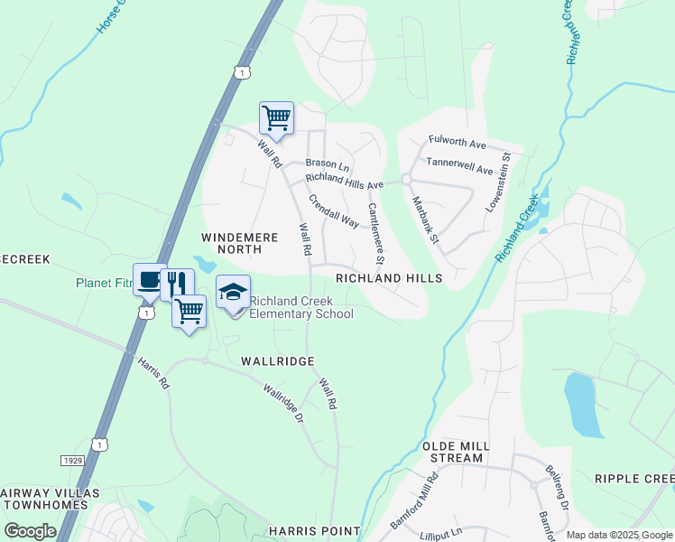 map of restaurants, bars, coffee shops, grocery stores, and more near 1125 Chamberwell Avenue in Wake Forest