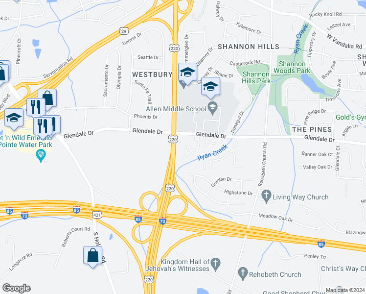 map of restaurants, bars, coffee shops, grocery stores, and more near 1131 Glendale Drive in Greensboro