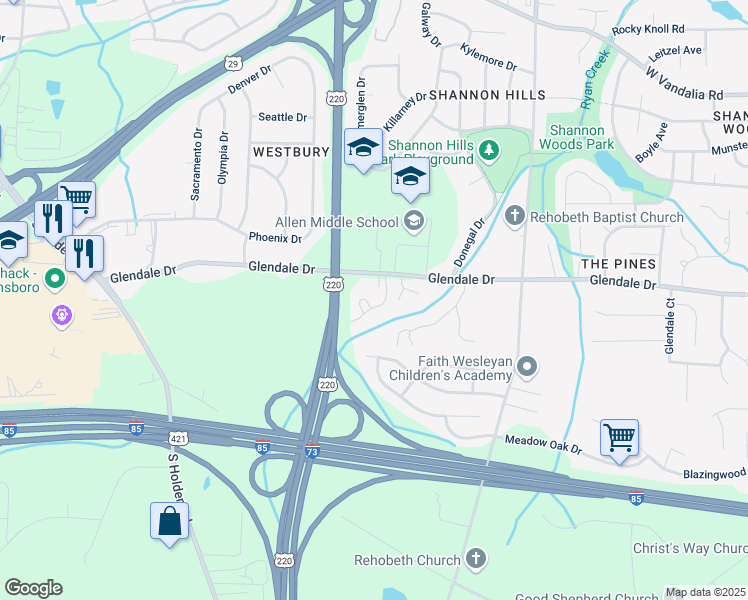 map of restaurants, bars, coffee shops, grocery stores, and more near 1105 Glendale Drive in Greensboro