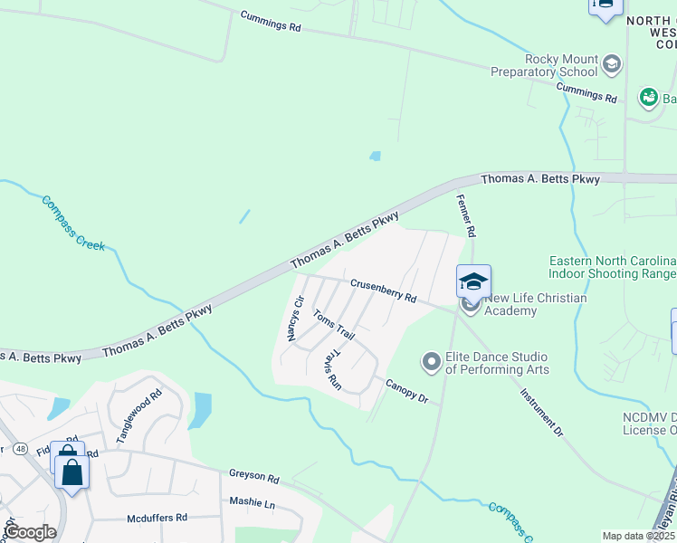 map of restaurants, bars, coffee shops, grocery stores, and more near 1372 Crusenberry Road in Rocky Mount