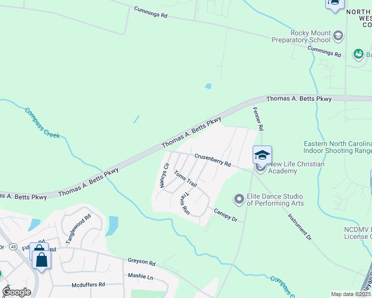 map of restaurants, bars, coffee shops, grocery stores, and more near 1372 Crusenberry Road in Rocky Mount