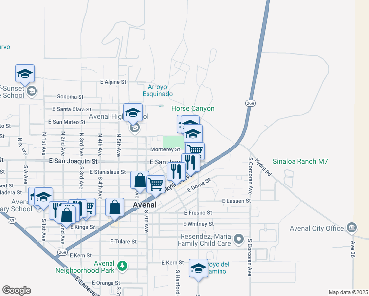 map of restaurants, bars, coffee shops, grocery stores, and more near 209 North Park Avenue in Avenal