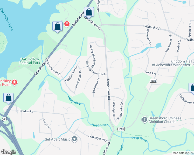map of restaurants, bars, coffee shops, grocery stores, and more near 2682 Dandelion Drive in High Point