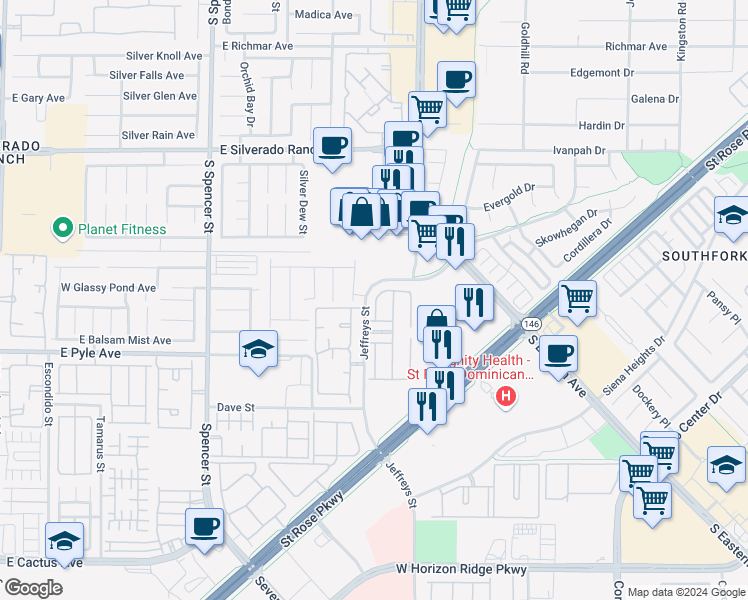 map of restaurants, bars, coffee shops, grocery stores, and more near 10022 Government Point Way in Las Vegas