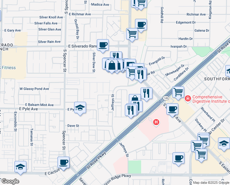 map of restaurants, bars, coffee shops, grocery stores, and more near 10022 Government Point Way in Las Vegas