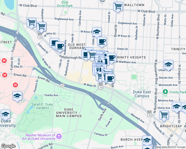 map of restaurants, bars, coffee shops, grocery stores, and more near 8202 Renaissance Parkway in Durham