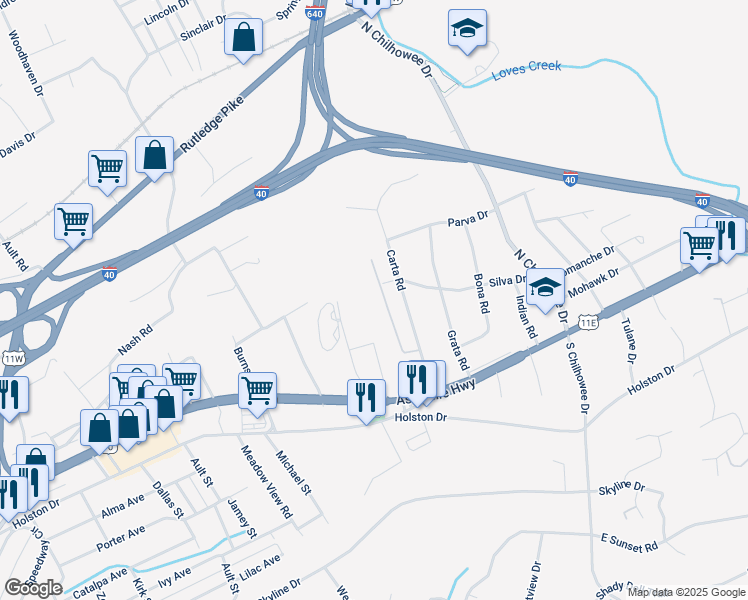 map of restaurants, bars, coffee shops, grocery stores, and more near 235 Carta Road in Knoxville