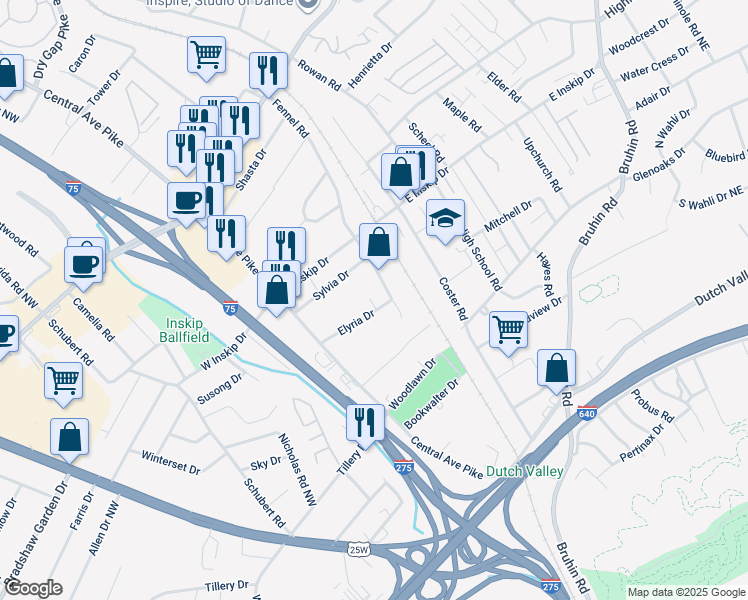 map of restaurants, bars, coffee shops, grocery stores, and more near 204 Elyria Drive in Knoxville