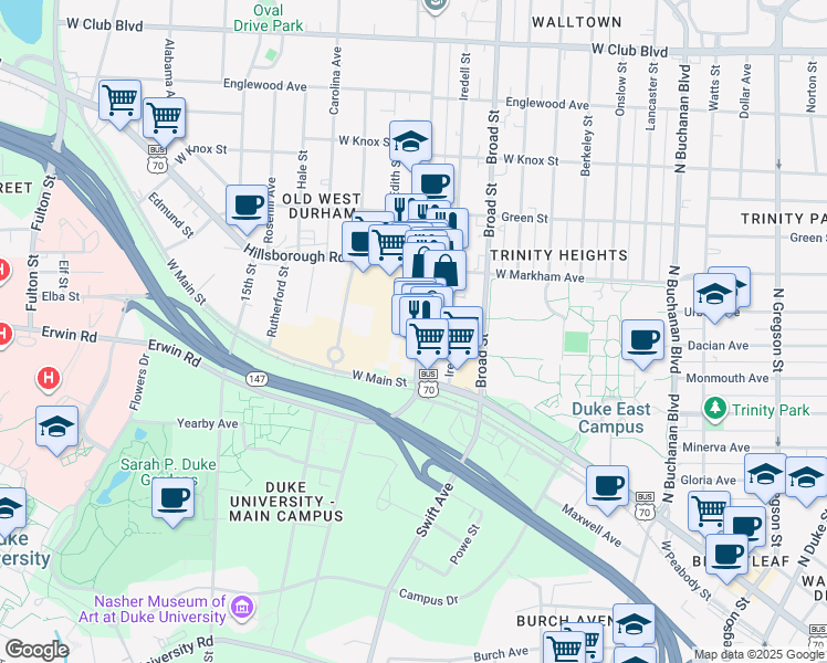 map of restaurants, bars, coffee shops, grocery stores, and more near 705 9th Street in Durham