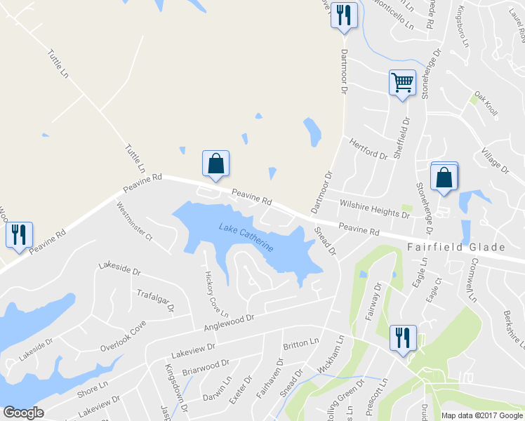 map of restaurants, bars, coffee shops, grocery stores, and more near 38 Lakeshore Lane in Crossville