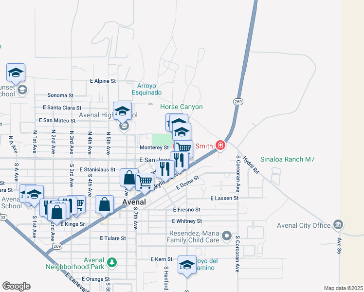map of restaurants, bars, coffee shops, grocery stores, and more near 861 Monterey Street in Avenal