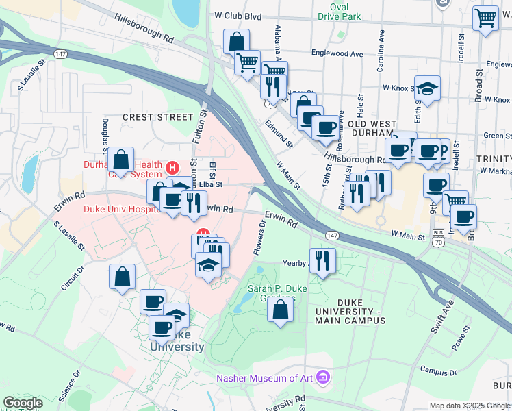 map of restaurants, bars, coffee shops, grocery stores, and more near 2100 Erwin Road in Durham