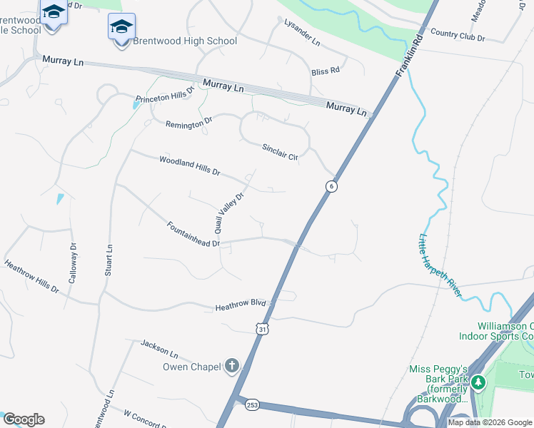 map of restaurants, bars, coffee shops, grocery stores, and more near 5004 Fountainhead Drive in Brentwood