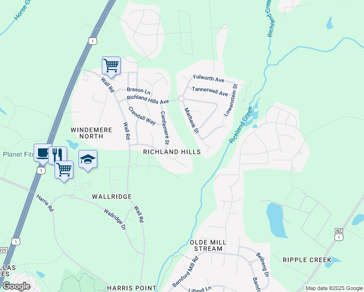 map of restaurants, bars, coffee shops, grocery stores, and more near 1221 Opeushaw Court in Wake Forest