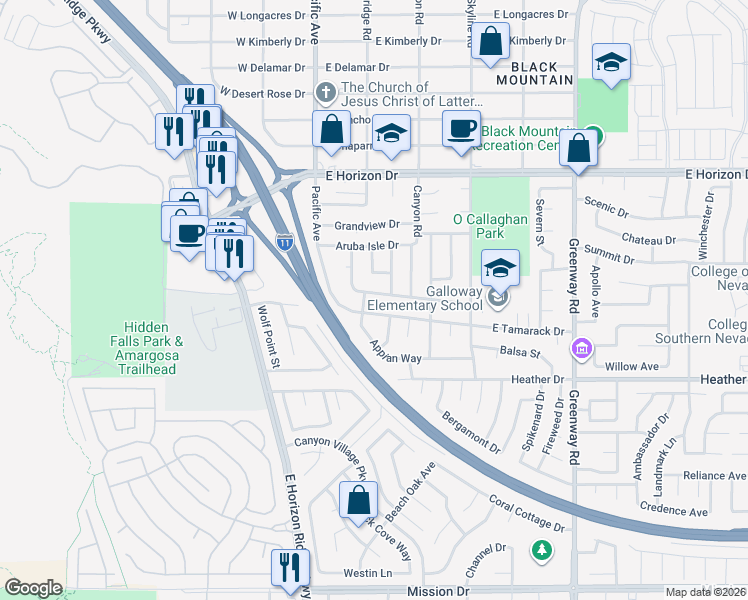 map of restaurants, bars, coffee shops, grocery stores, and more near 122 Red Coral Drive in Henderson