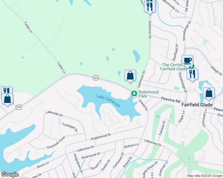 map of restaurants, bars, coffee shops, grocery stores, and more near 72 Lakeshore Lane in Crossville