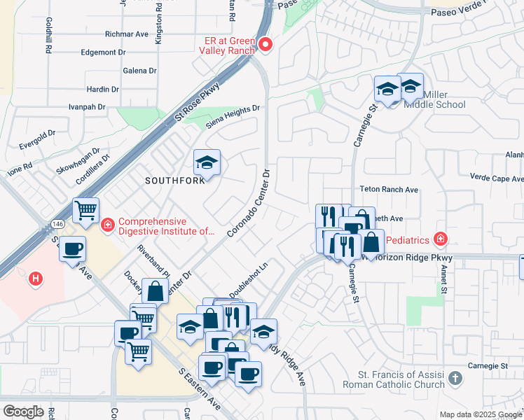 map of restaurants, bars, coffee shops, grocery stores, and more near 520 Red Shale Court in Henderson