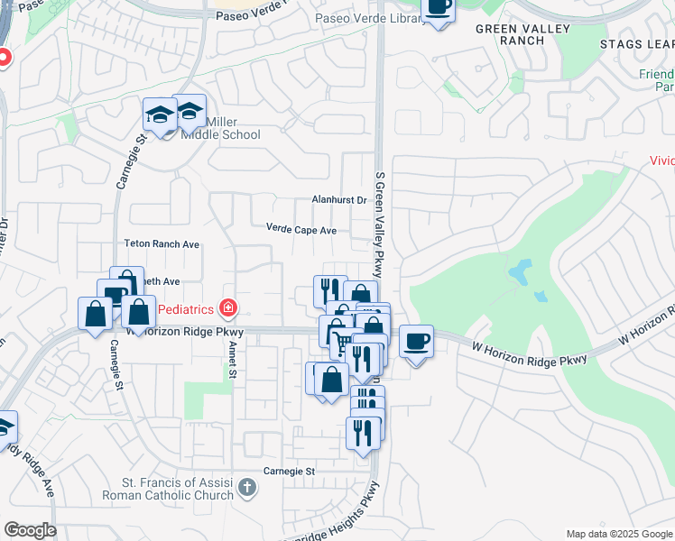 map of restaurants, bars, coffee shops, grocery stores, and more near 544 Teovani Street in Henderson