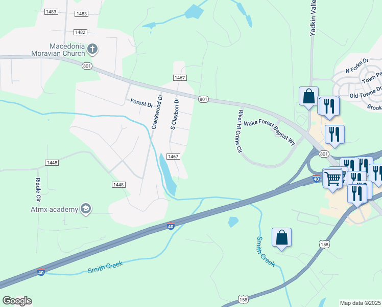 map of restaurants, bars, coffee shops, grocery stores, and more near North Carolina 801 in Advance