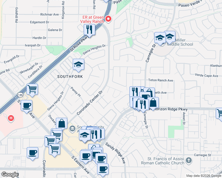 map of restaurants, bars, coffee shops, grocery stores, and more near 520 Red Shale Court in Henderson