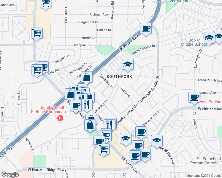 map of restaurants, bars, coffee shops, grocery stores, and more near 529 Quail Bird Place in Henderson