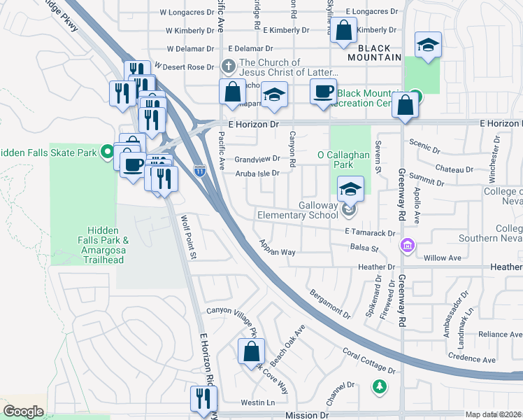 map of restaurants, bars, coffee shops, grocery stores, and more near 120 East Tamarack Drive in Henderson