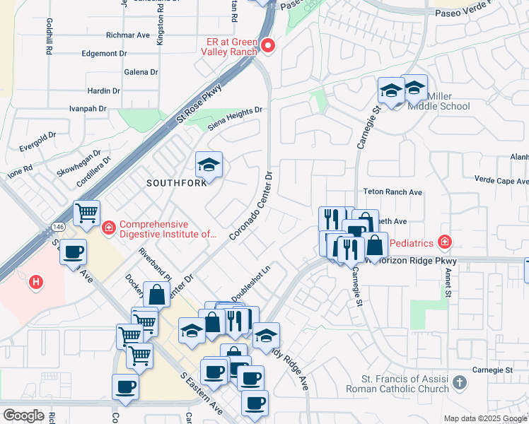 map of restaurants, bars, coffee shops, grocery stores, and more near 520 Red Shale Court in Henderson