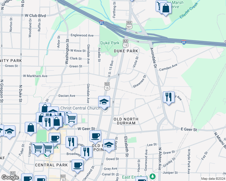 map of restaurants, bars, coffee shops, grocery stores, and more near 113 East Lynch Street in Durham
