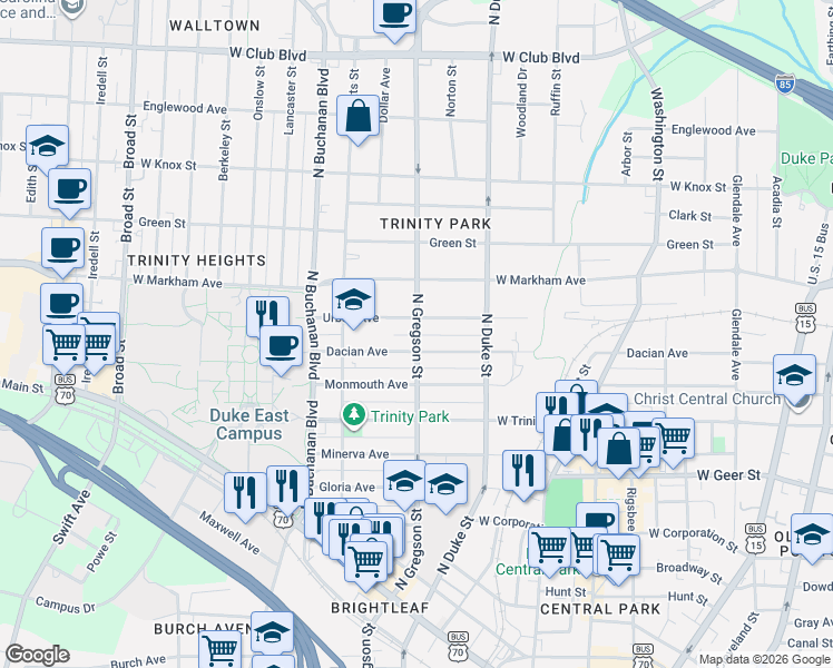 map of restaurants, bars, coffee shops, grocery stores, and more near 1007 Dacian Avenue in Durham