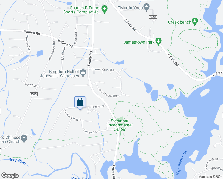 map of restaurants, bars, coffee shops, grocery stores, and more near 4054 Gunsmith Court in Jamestown