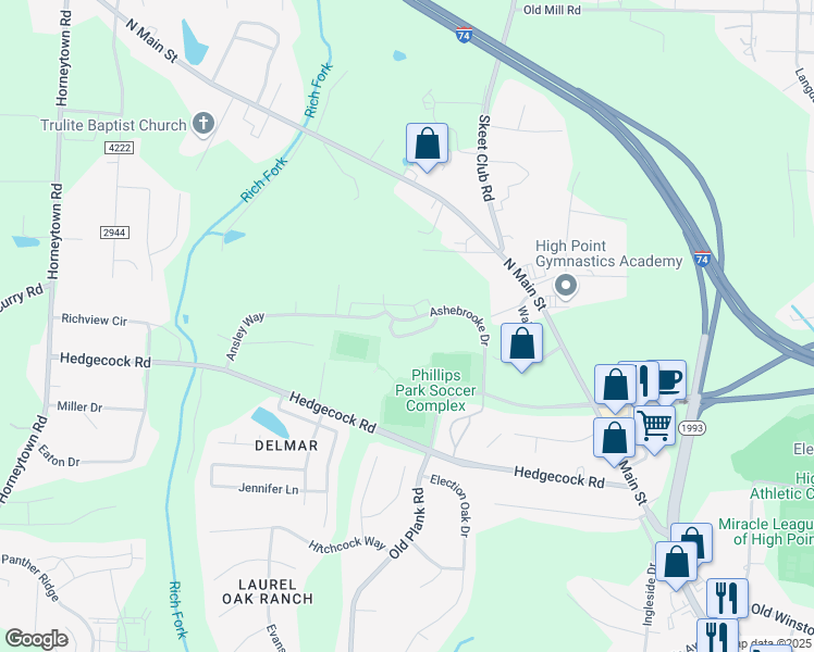 map of restaurants, bars, coffee shops, grocery stores, and more near 441 Sandybrooke Drive in High Point