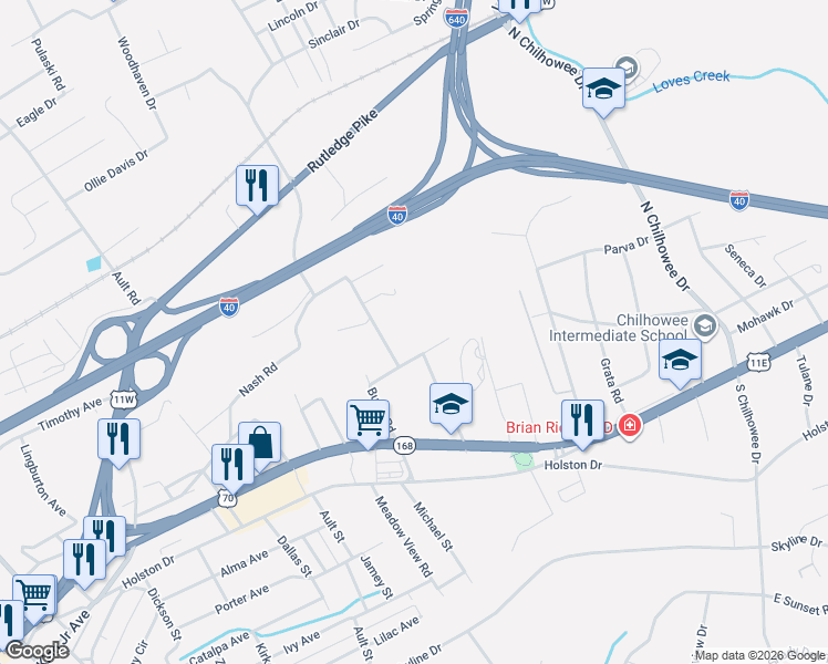 map of restaurants, bars, coffee shops, grocery stores, and more near 402 Burns Road in Knoxville