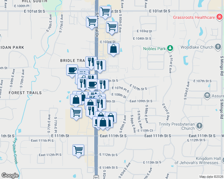 map of restaurants, bars, coffee shops, grocery stores, and more near 8308 East 108th Street in Tulsa