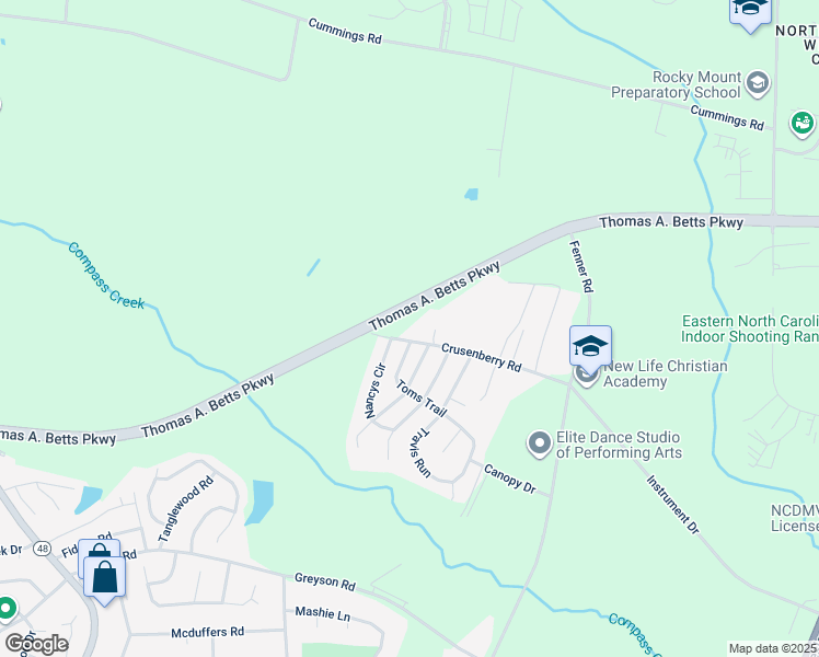 map of restaurants, bars, coffee shops, grocery stores, and more near 1400 Crusenberry Road in Rocky Mount