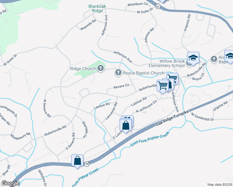 map of restaurants, bars, coffee shops, grocery stores, and more near 431 Robertsville Road in Oak Ridge