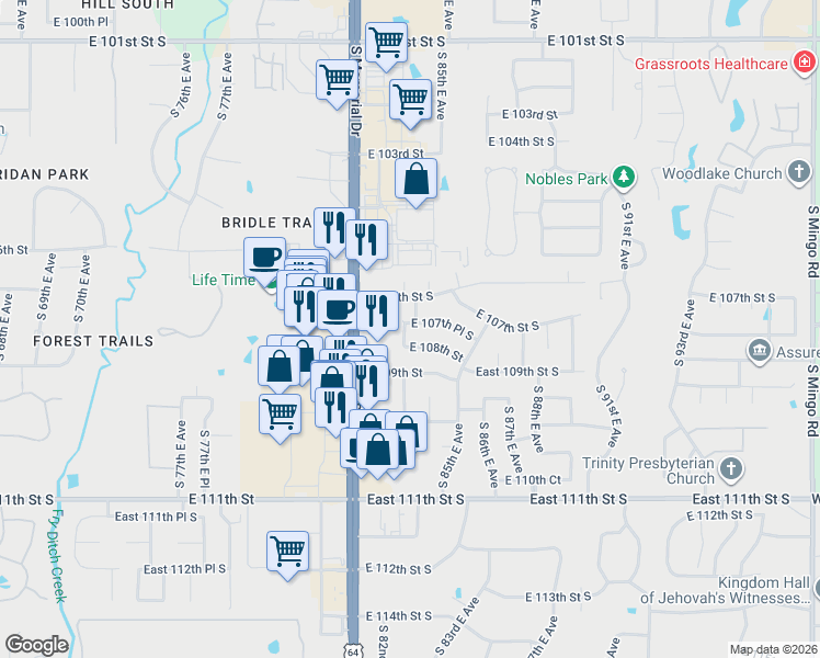 map of restaurants, bars, coffee shops, grocery stores, and more near 8308 East 108th Street in Tulsa
