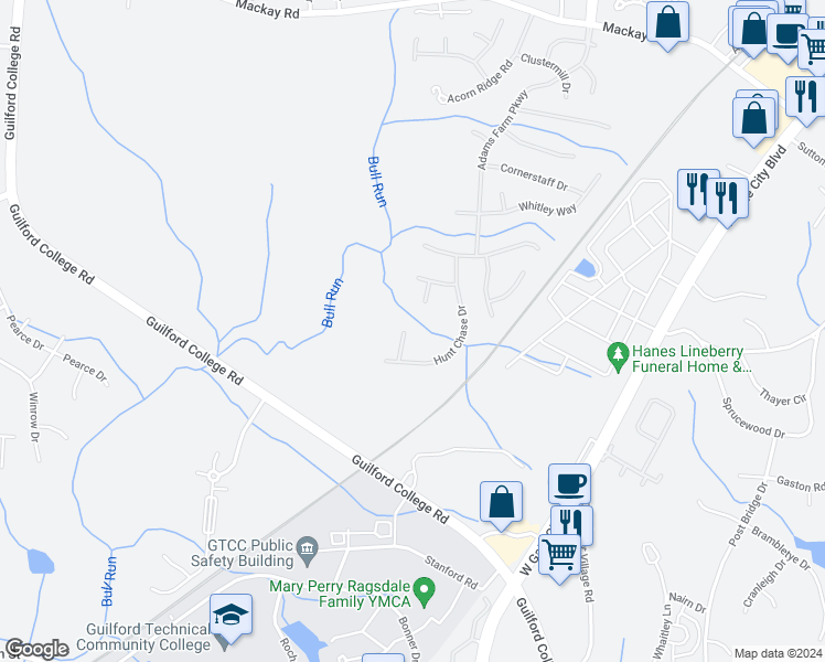 map of restaurants, bars, coffee shops, grocery stores, and more near 3901 Hunt Chase Court in Greensboro