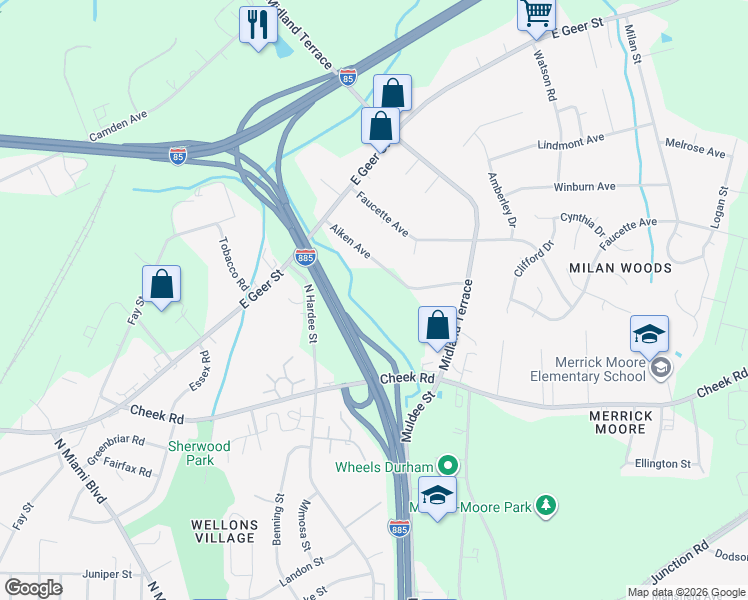 map of restaurants, bars, coffee shops, grocery stores, and more near 2006 Aiken Avenue in Durham