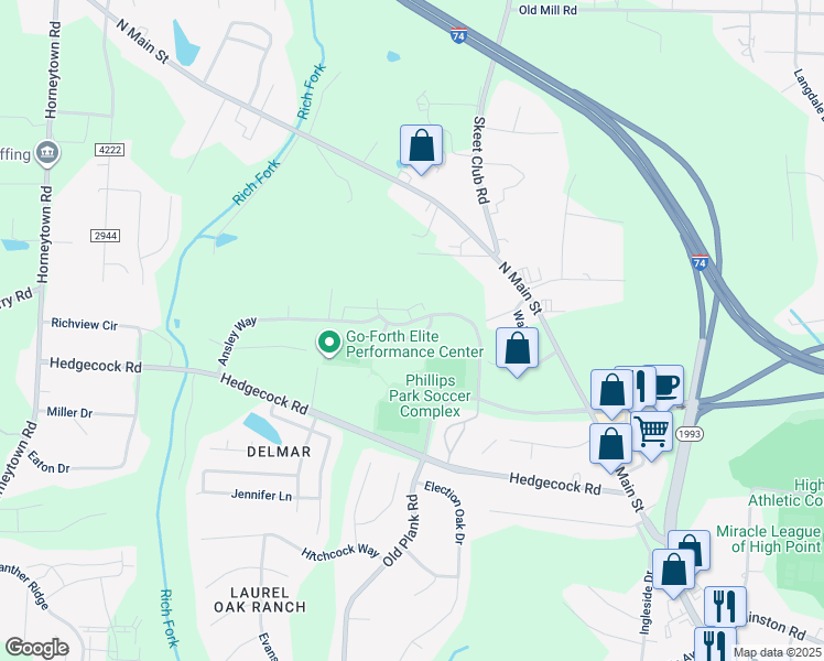 map of restaurants, bars, coffee shops, grocery stores, and more near 440 Sandybrooke Drive in High Point