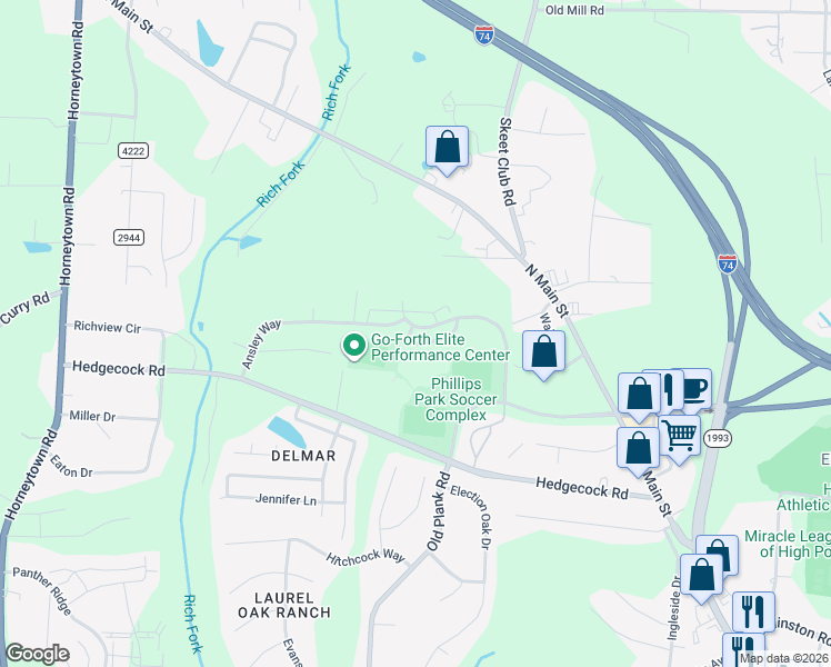 map of restaurants, bars, coffee shops, grocery stores, and more near 473 Sandybrooke Drive in High Point