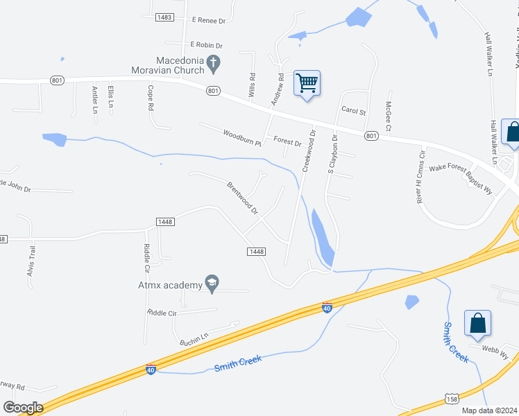 map of restaurants, bars, coffee shops, grocery stores, and more near 168 Brentwood Drive in Advance