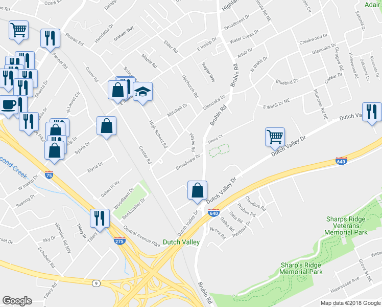 map of restaurants, bars, coffee shops, grocery stores, and more near 4303 Hayes Road in Knoxville