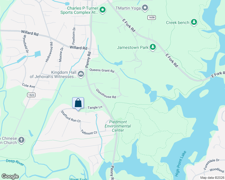 map of restaurants, bars, coffee shops, grocery stores, and more near 4106 Queens Grant Road in Jamestown