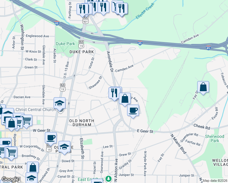 map of restaurants, bars, coffee shops, grocery stores, and more near 1501 Avondale Drive in Durham